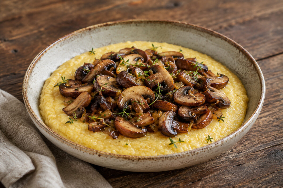 Cremige Polenta mit gebratenen Pilzen und Thymian – Hauptansicht.