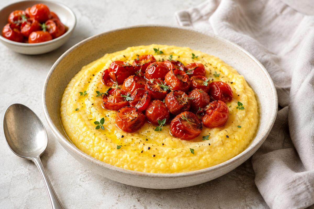 Cremige goldgelbe Polenta in flacher beige gesprenkelter Keramikschale mit glänzend gerösteten Kirschtomaten, Kräutern und schwarzem Pfeffer; Hauptansicht bei hellem Tageslicht.