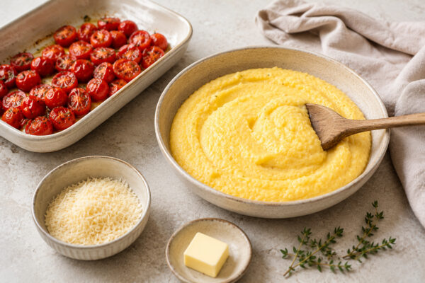 Vorbereitungsansicht mit cremiger Polenta, gerösteten Kirschtomaten in einer hellen Form, geriebenem Parmesan, Butter und Thymian auf hellem Steinuntergrund.