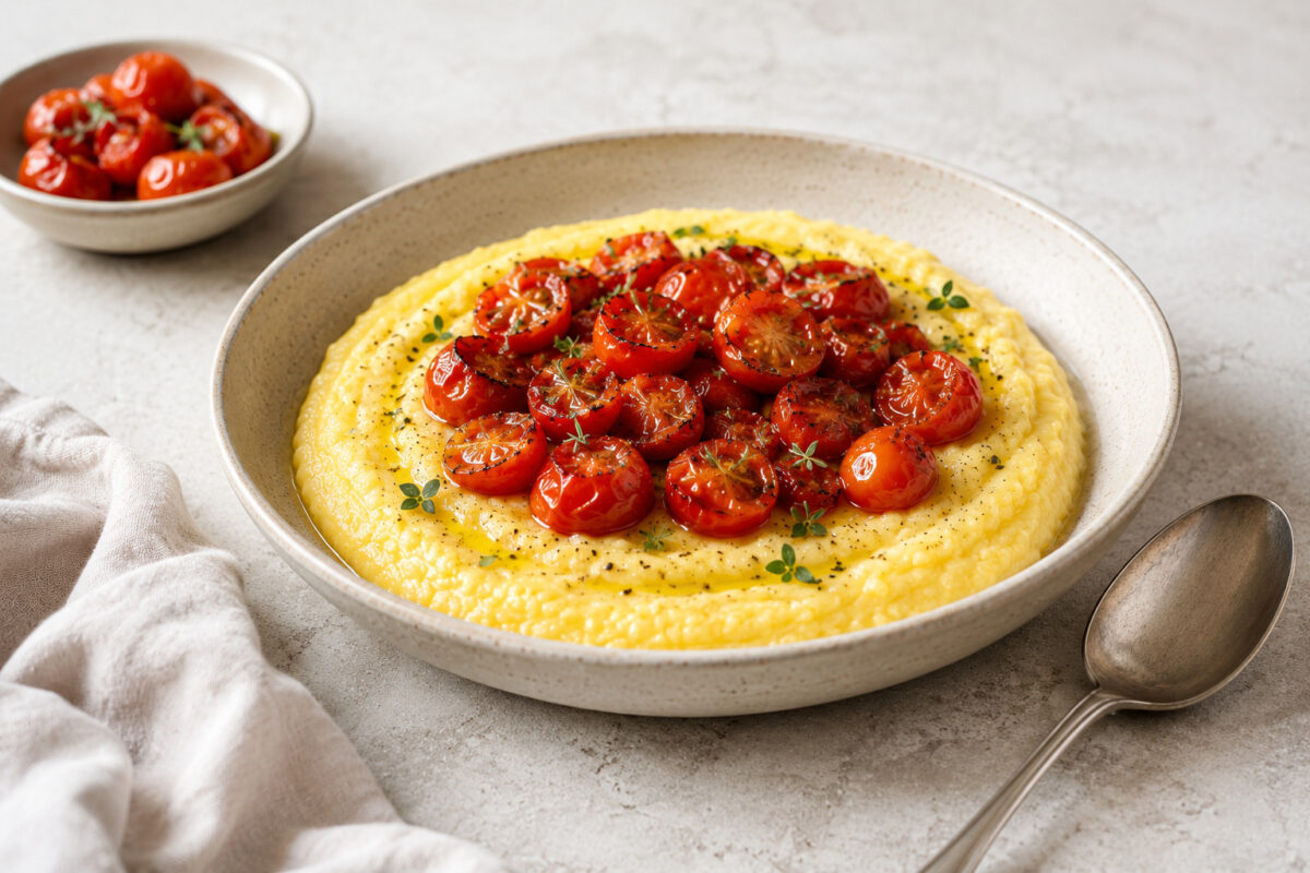 Fertige cremige Polenta mit gerösteten Kirschtomaten und Kräutern aus eigenständiger alternativer Perspektive; passende beige Keramik, heller Steinuntergrund und natürliches Tageslicht.