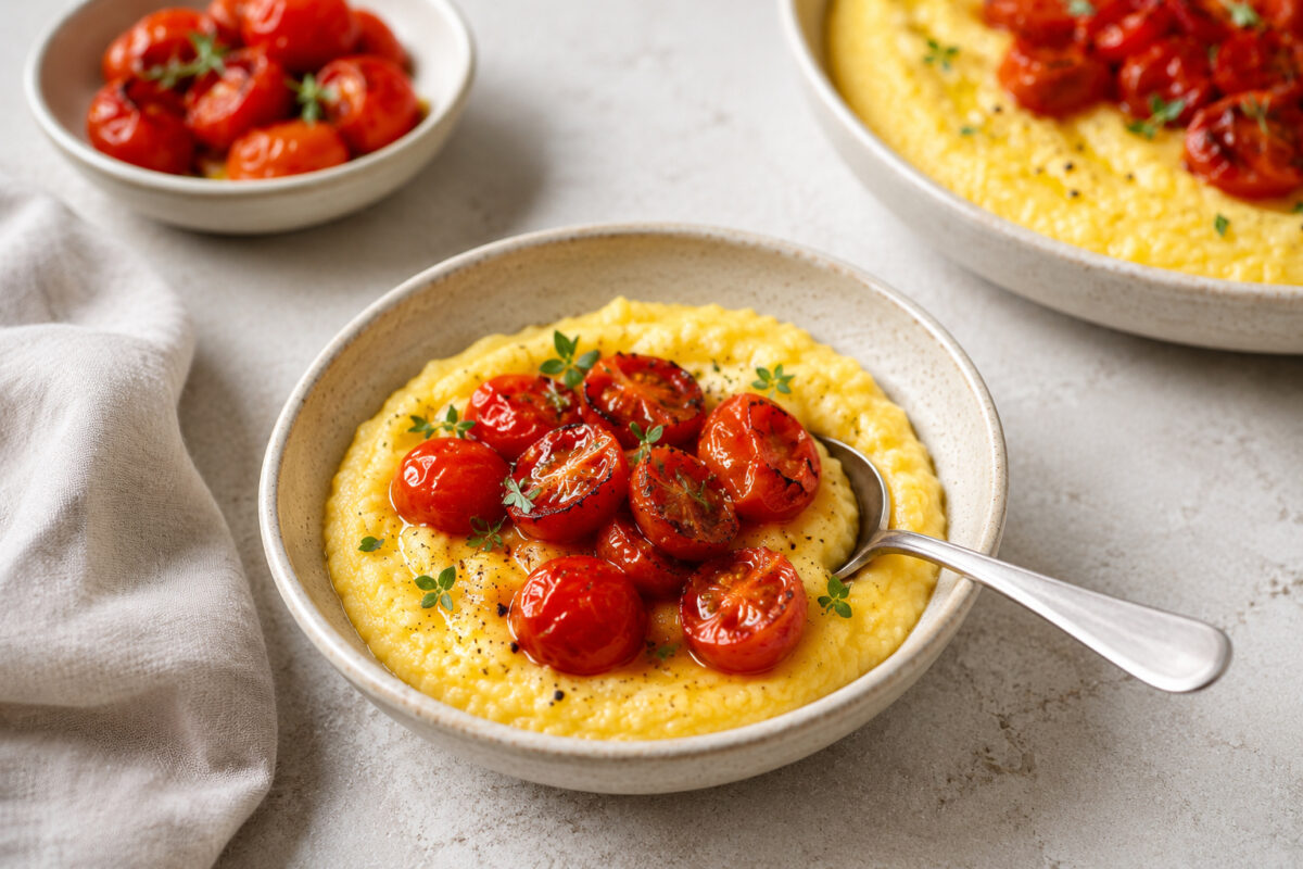 Servierszene mit kleinerer Portion cremiger Polenta, gerösteten Kirschtomaten, Kräutern und einem Metalllöffel; im Hintergrund weitere passende Servierkomponenten derselben Serie.