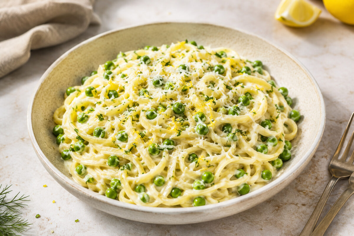 Fertige cremige Zitronen-Pasta mit grünen Erbsen, Zitronenabrieb, geriebenem Hartkäse und Kräutern in einer hellen Schale.