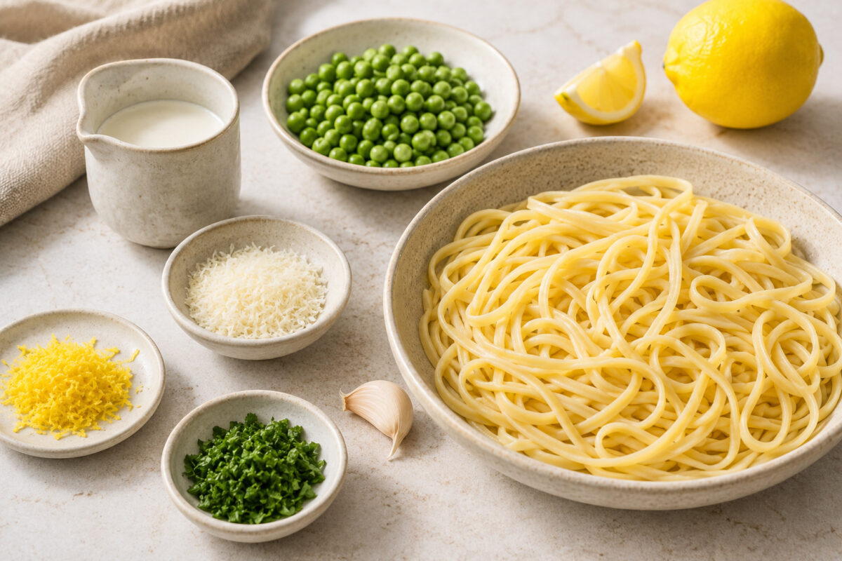 Zutaten- und Vorbereitungsansicht mit Pasta, Erbsen, Zitrone, Sahne, geriebenem Hartkäse, Knoblauch, Kräutern und Zitronenabrieb.