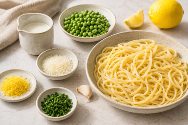 Zutaten- und Vorbereitungsansicht mit Pasta, Erbsen, Zitrone, Sahne, geriebenem Hartkäse, Knoblauch, Kräutern und Zitronenabrieb.