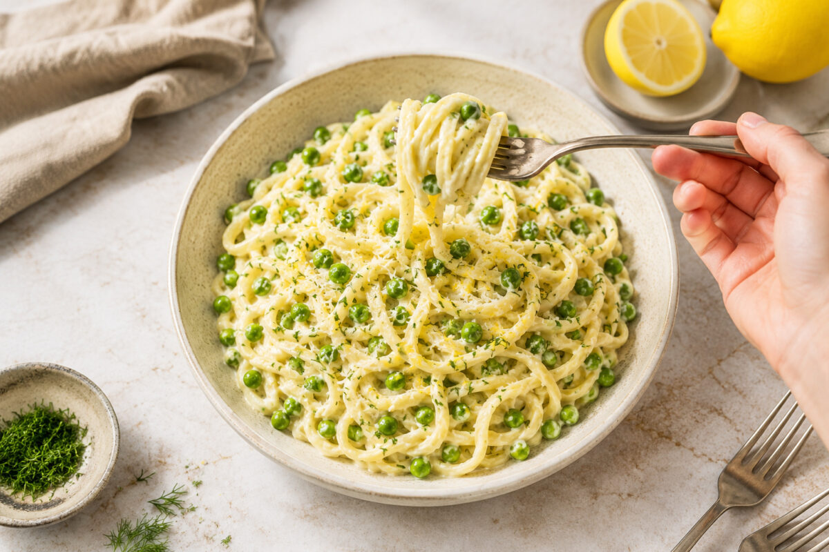 Fertige Zitronen-Pasta mit Erbsen aus deutlich anderer Perspektive; Pasta wird mit einer Gabel aufgenommen.