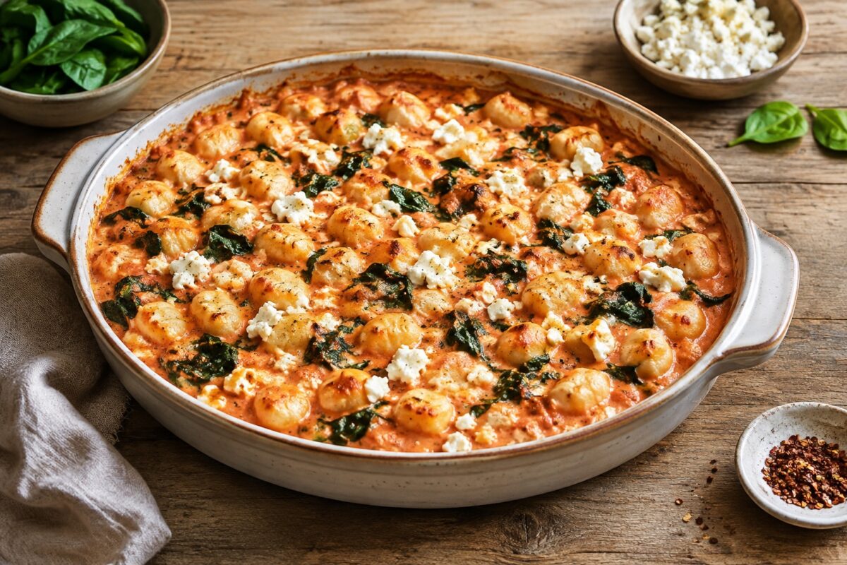 Große helle Keramik-Auflaufform mit goldbraunen Gnocchi in cremiger Tomatensauce, dunklem Blattspinat und weißem Feta.