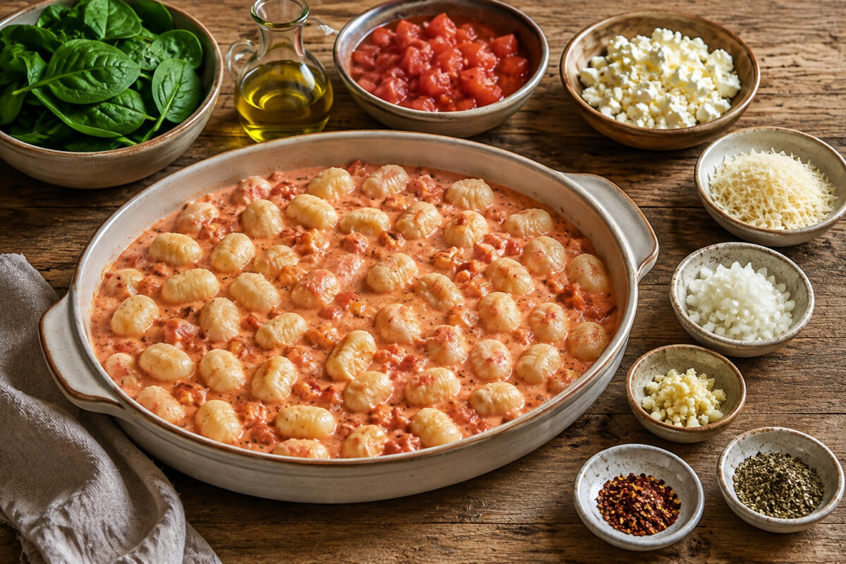 Zutaten- und Vorbereitungsansicht mit der ovalen hellen Keramikform, ungebackenen Gnocchi in cremiger Tomaten-Sahne-Sauce sowie Schalen mit Blattspinat, Feta, geriebenem Käse, stückigen Tomaten, Zwiebel, Knoblauch, Oregano und Chiliflocken auf rustikalem…
