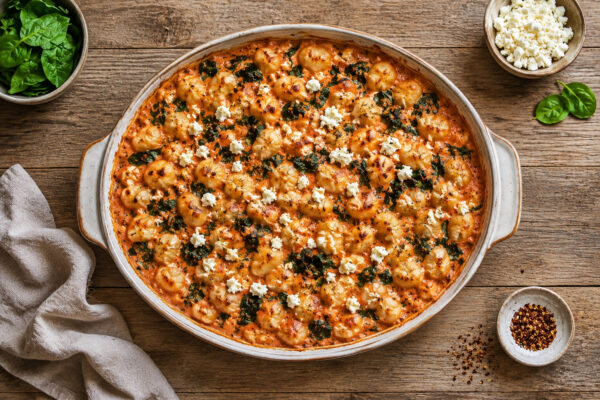 Fertiger Gnocchi-Auflauf in derselben ovalen hellen Keramikform in Draufsicht; das vollständige Hauptgeschirr bleibt sichtbar, mit gebräunten Gnocchi, Blattspinat, cremiger Tomatensauce und Feta.