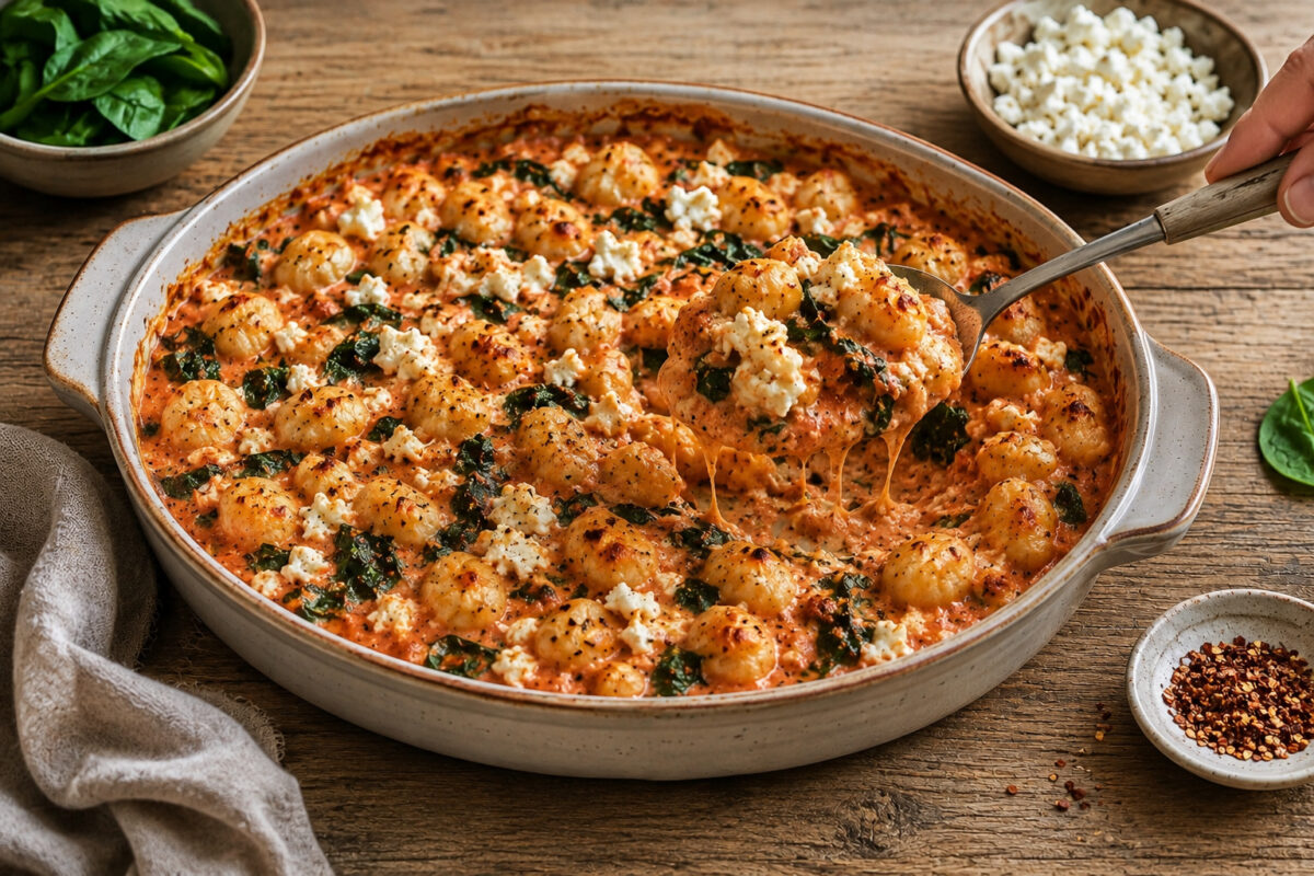 Serviersituation mit einer entnommenen Portion aus derselben ovalen Keramikform; ein neutraler Servierlöffel hebt Gnocchi, cremige Tomatensauce, Blattspinat und Feta aus dem Auflauf.