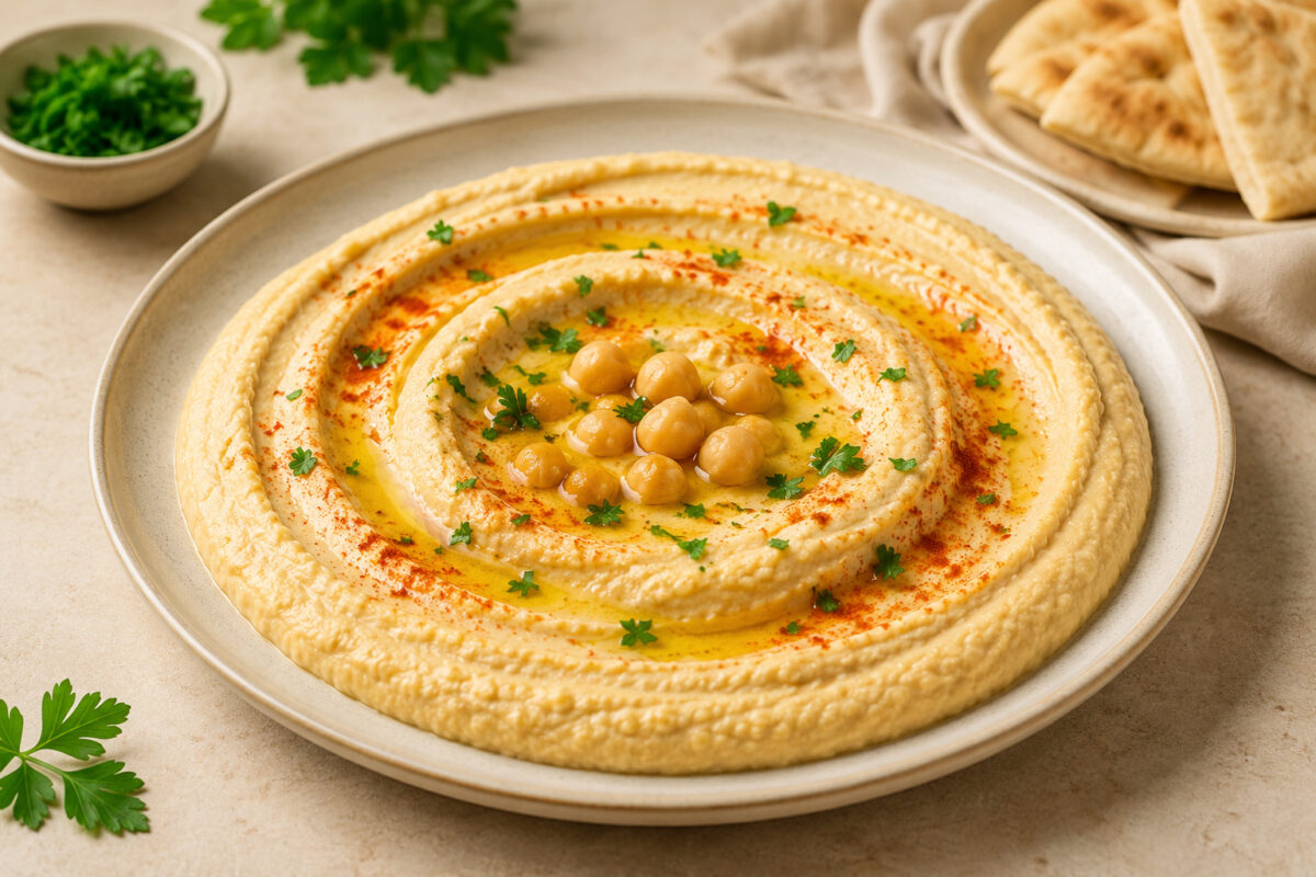 Cremiger Hummus als Hauptansicht mit Olivenöl, Kichererbsen, Paprikapulver und Petersilie.