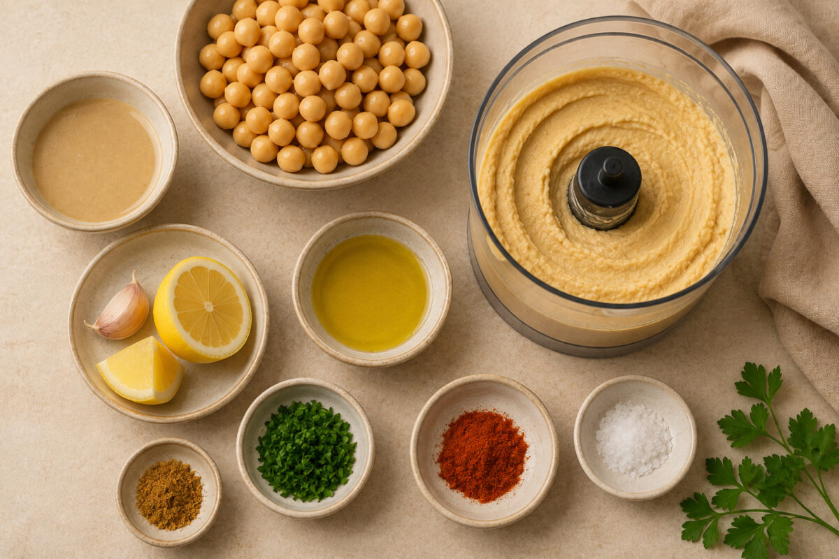 Zutaten- und Vorbereitungsansicht mit Kichererbsen, Tahin, Zitrone, Knoblauch, Olivenöl, Gewürzen und frisch püriertem Hummus.