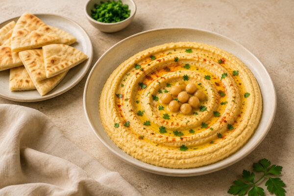 Cremiger Hummus aus alternativer Perspektive mit Pita, Olivenöl, Kichererbsen, Paprikapulver und Petersilie.