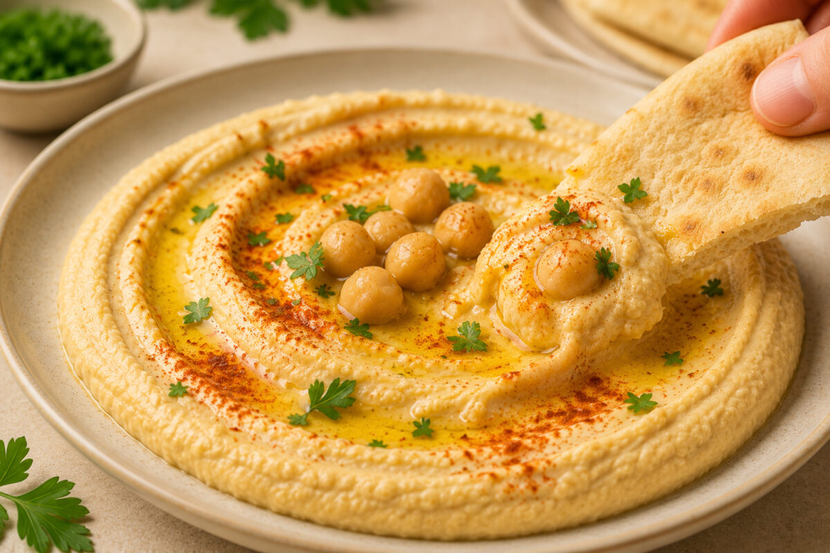Nahaufnahme einer Servierszene mit cremigem Hummus und Pita, Olivenöl, Kichererbsen, Paprikapulver und Petersilie.