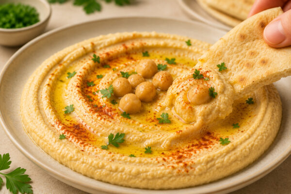 Nahaufnahme einer Servierszene mit cremigem Hummus und Pita, Olivenöl, Kichererbsen, Paprikapulver und Petersilie.