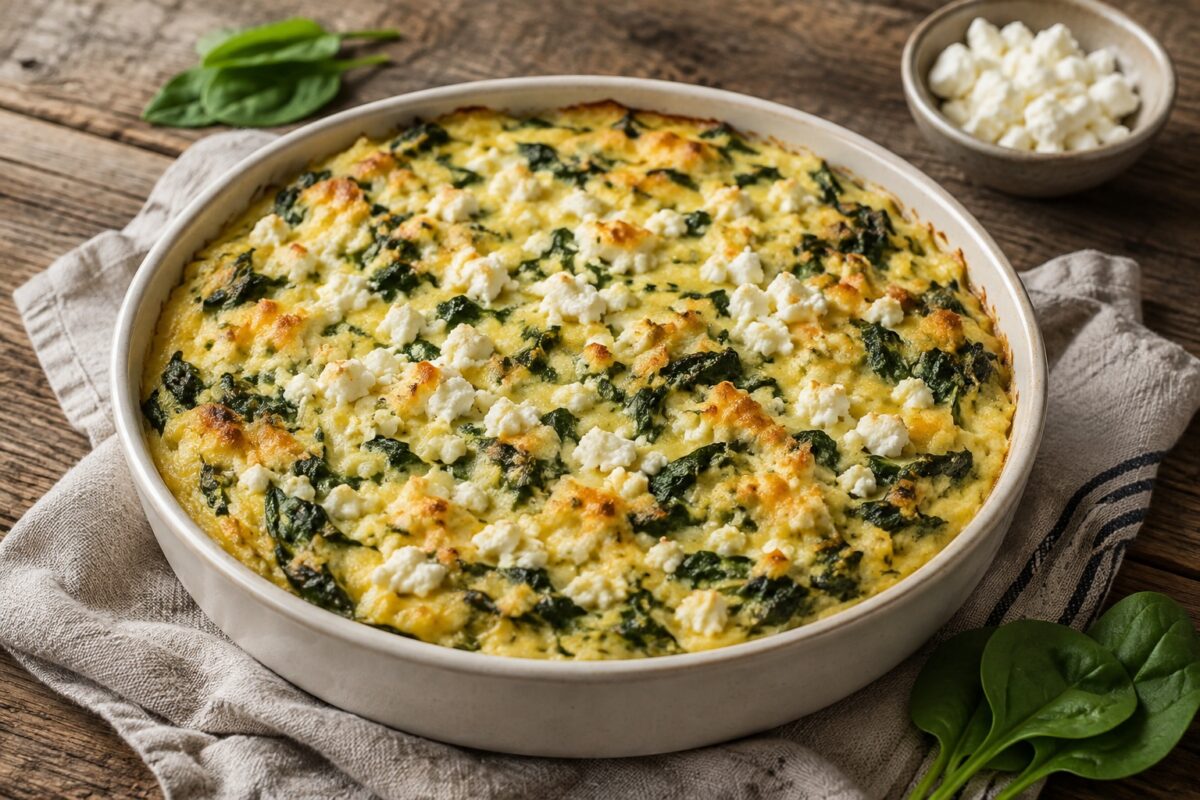 Runde helle Keramik-Auflaufform mit goldbraun gebackenem Polenta-Spinat-Auflauf und darüber verteiltem weißem Feta.