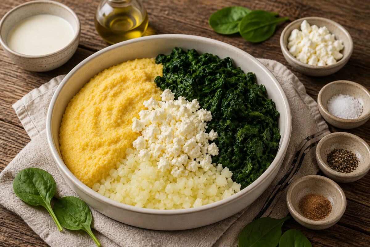 Zutaten- und Vorbereitungsansicht in derselben runden hellen Keramikform mit cremiger gelber Polenta, gegartem Blattspinat, fein gewürfelter Zwiebel und zerbröseltem Feta; dazu Kochsahne, Olivenöl, Salz, Pfeffer und Muskat in kleinen neutralen Schalen au…