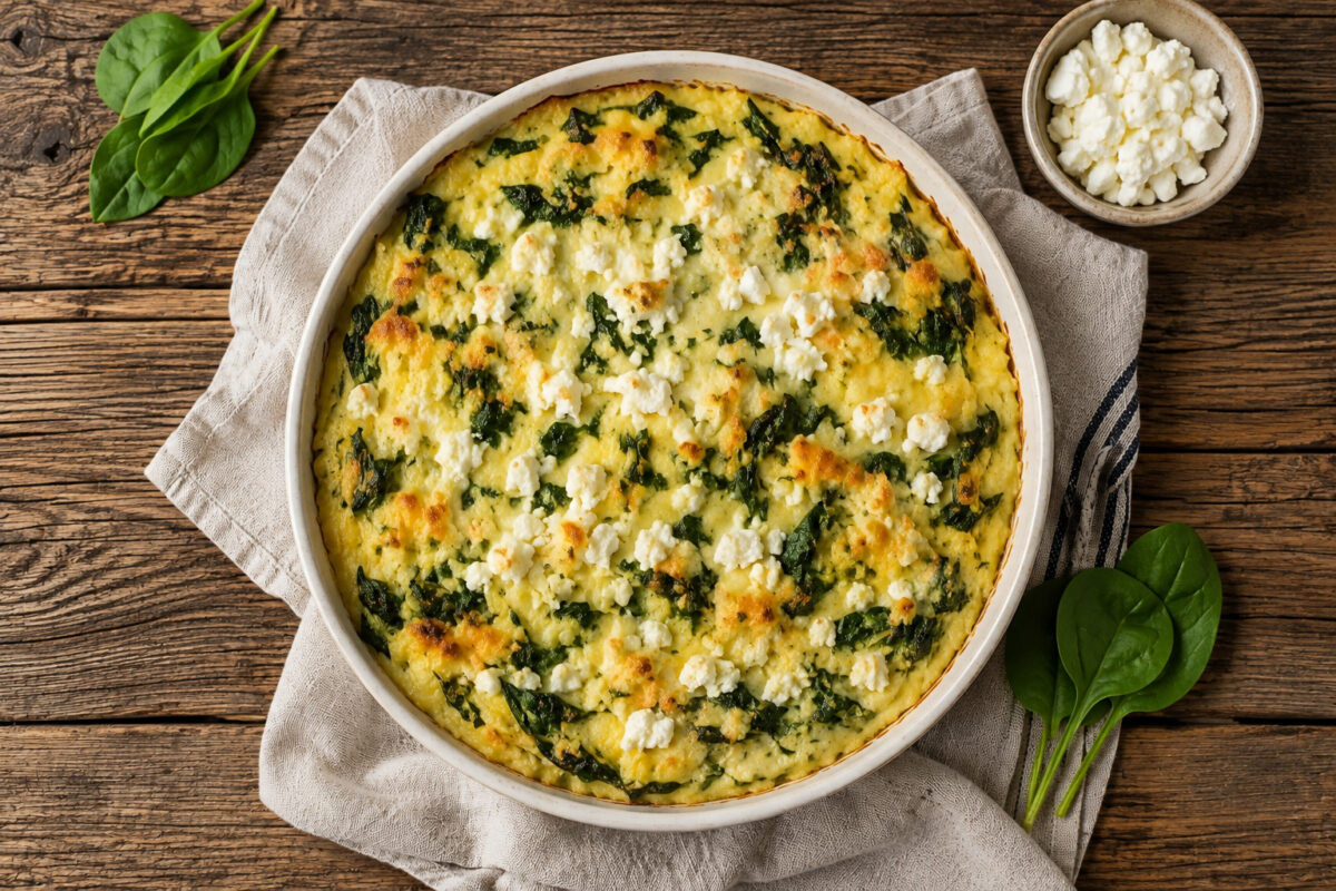 Draufsicht auf den fertigen cremigen Polenta-Spinat-Auflauf mit Feta in derselben runden hellen Keramik-Auflaufform; die gesamte Form bleibt vollständig sichtbar, mit goldener Oberfläche, Spinat und darüber verteilt weißem Feta.