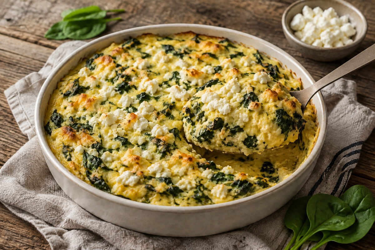 Serviersituation mit einer entnommenen Portion aus derselben runden hellen Keramik-Auflaufform; ein neutraler Servierlöffel hebt cremige Polenta, Spinat und Feta aus dem Auflauf.