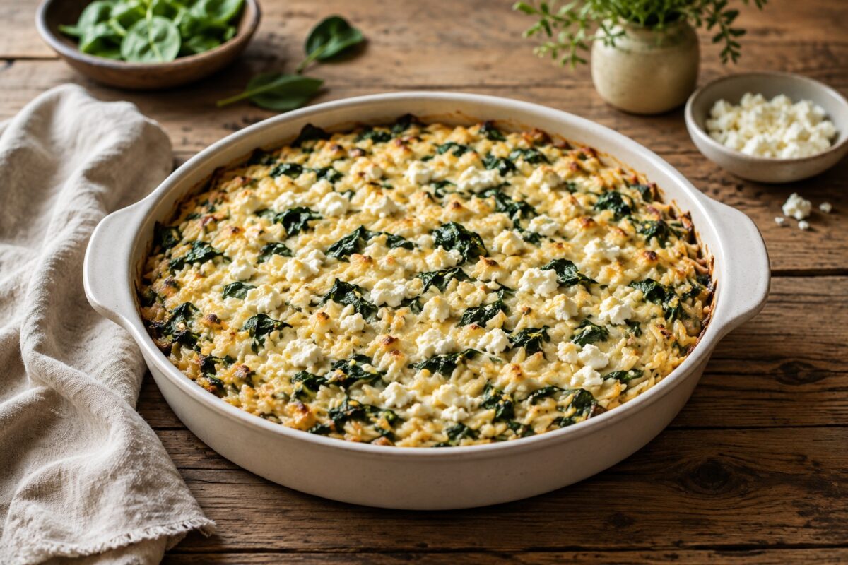 Große runde helle Keramik-Auflaufform mit goldbraunem Spinat-Orzo-Auflauf und zerbröseltem Feta.