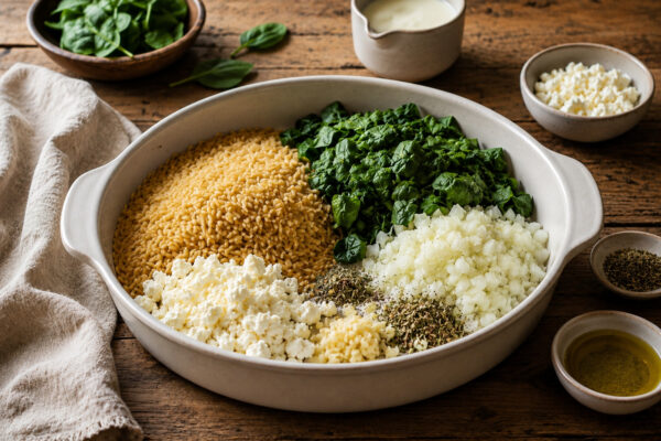 Zutaten- und Vorbereitungsansicht in derselben großen runden hellen Keramik-Auflaufform mit ungekochtem Orzo, frischem Blattspinat, zerbröseltem Feta, fein gewürfelter Zwiebel, gehacktem Knoblauch und Oregano; dazu Kochsahne, Olivenöl sowie Salz und Pfef…