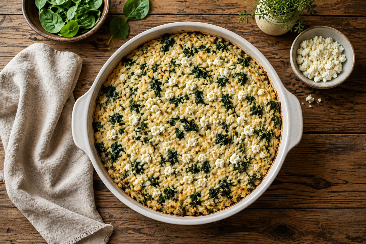 Draufsicht auf das fertige Gericht in derselben großen runden hellen Keramik-Auflaufform; die Form bleibt vollständig sichtbar, mit goldbraunem cremigem Spinat-Orzo-Auflauf und zerbröseltem Feta, auf rustikalem Holztisch mit Leinentuch links, Spinatschal…