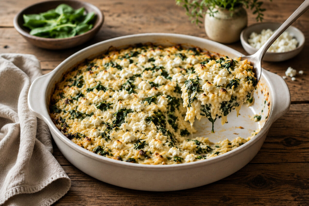 Serviersituation mit einer entnommenen Portion aus derselben großen runden hellen Keramik-Auflaufform; ein neutraler Servierlöffel hebt cremigen Spinat-Orzo-Auflauf mit Feta an, auf rustikalem Holztisch mit Leinentuch links, Spinatschale links oben und F…