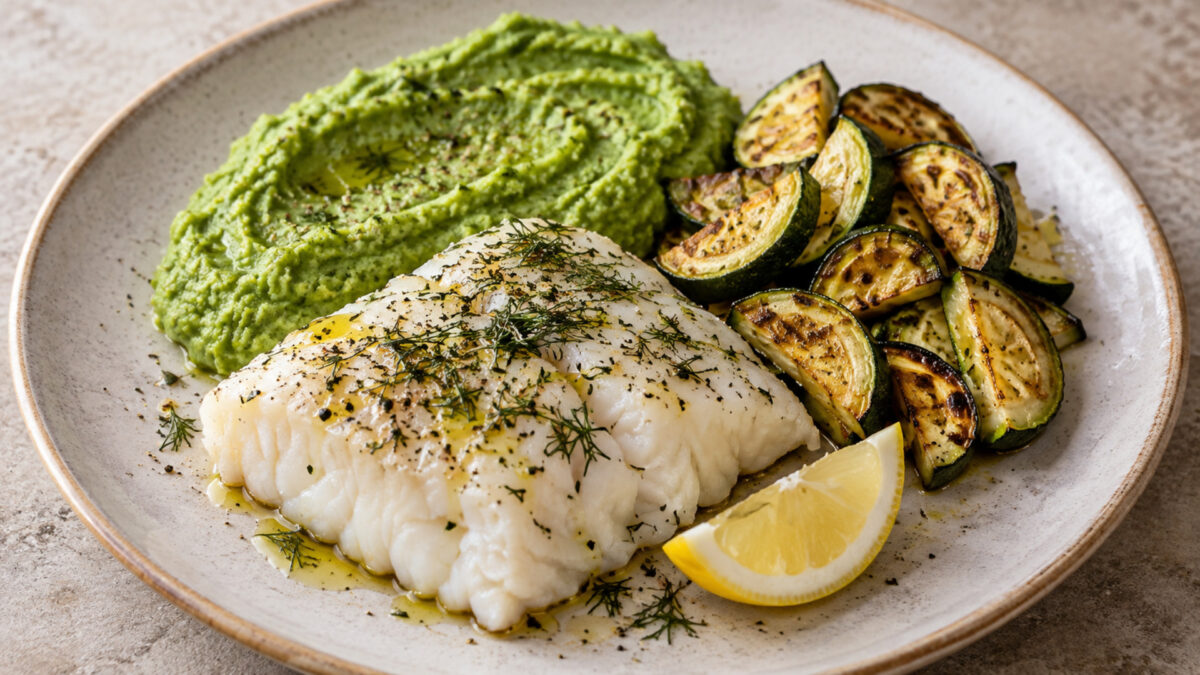 Dill-Kabeljau mit Brokkolicreme und Ofenzucchini