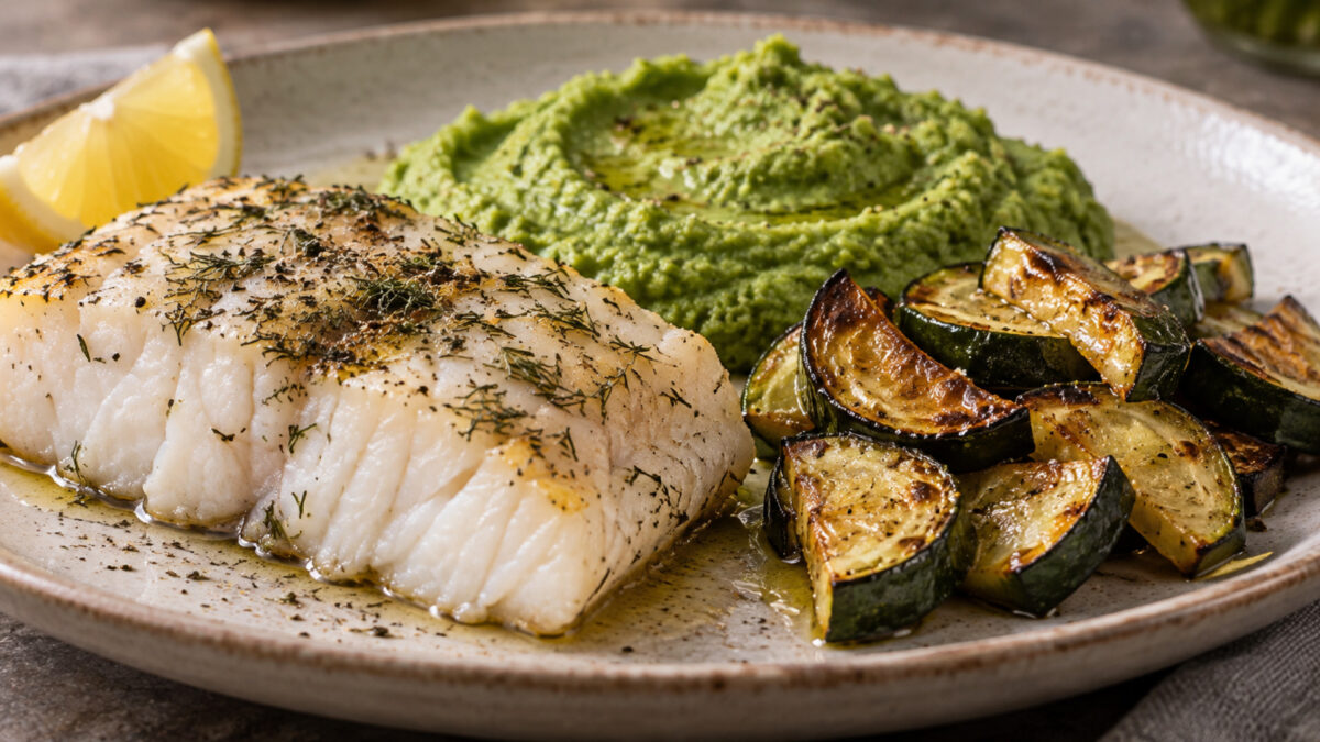 Dill-Kabeljau mit Brokkolicreme und Ofenzucchini