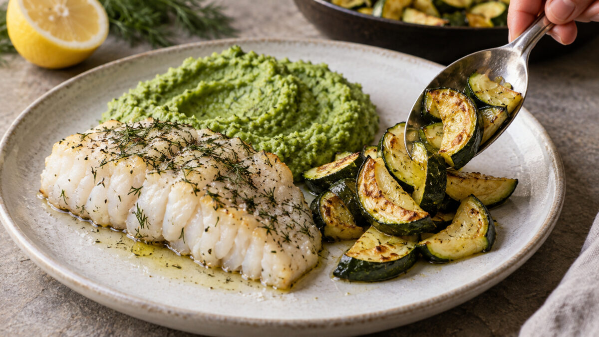 Dill-Kabeljau mit Brokkolicreme und Ofenzucchini