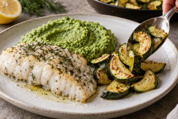 Dill-Kabeljau mit Brokkolicreme und Ofenzucchini