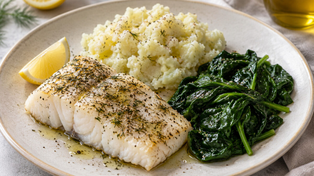 Dill-Kabeljau mit Kohlrabistampf und Blattspinat