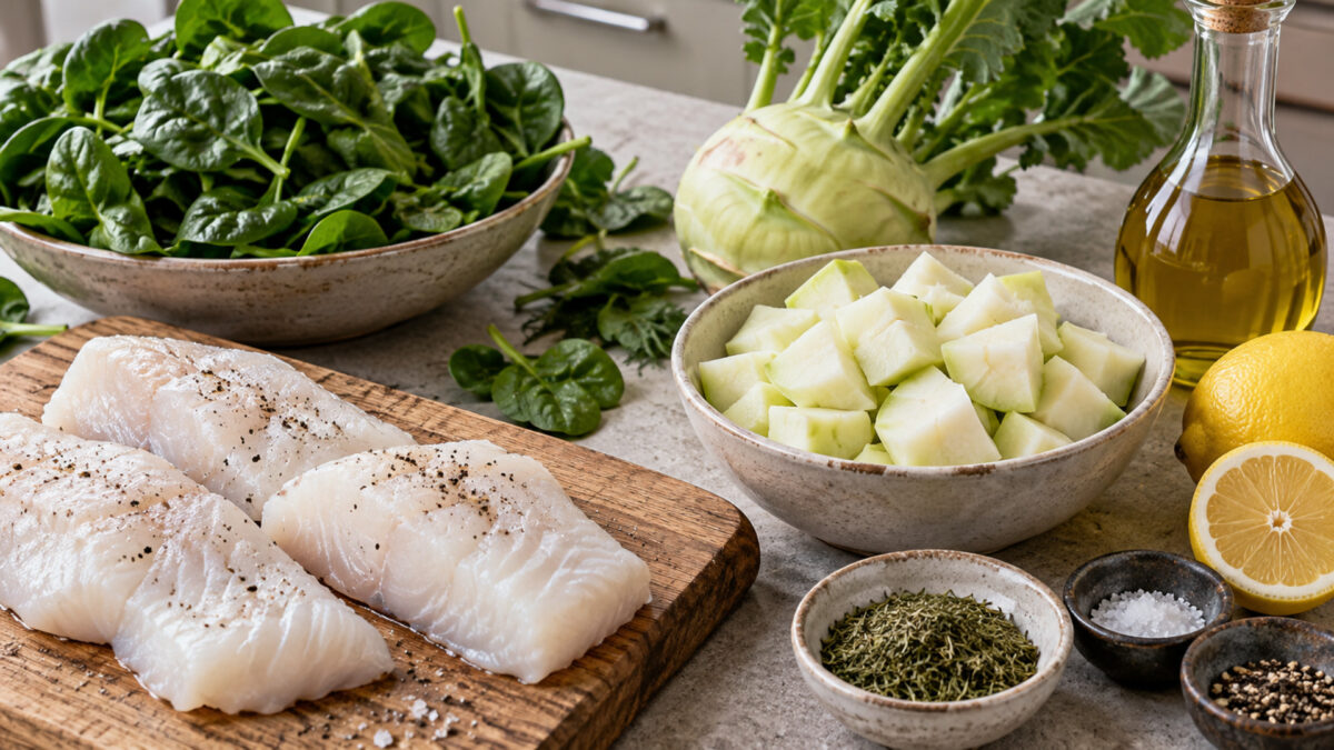 Dill-Kabeljau mit Kohlrabistampf und Blattspinat