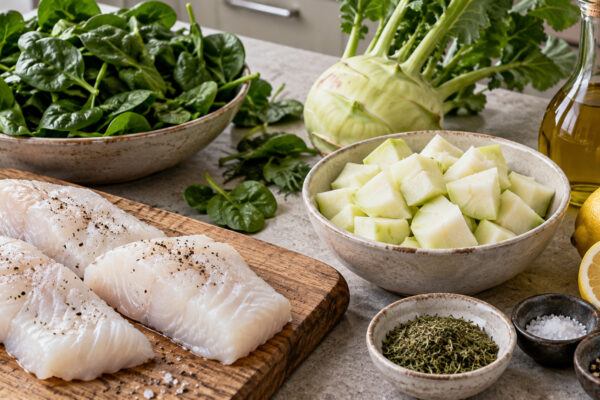 Dill-Kabeljau mit Kohlrabistampf und Blattspinat
