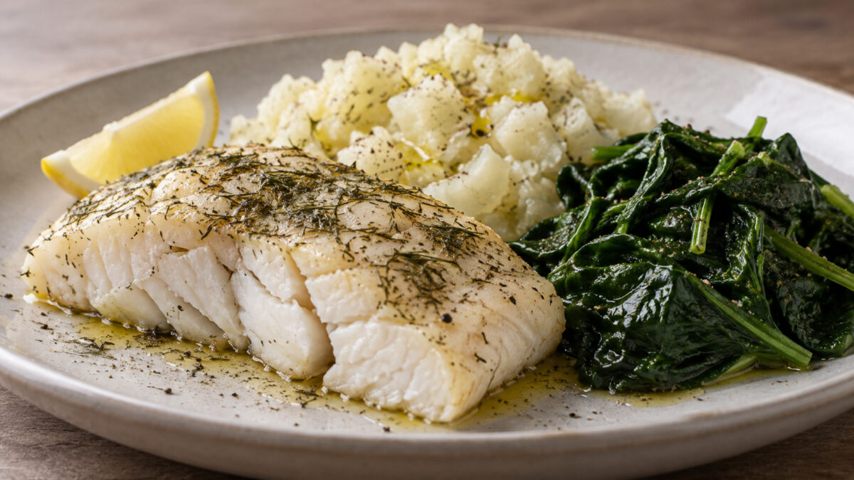 Dill-Kabeljau mit Kohlrabistampf und Blattspinat