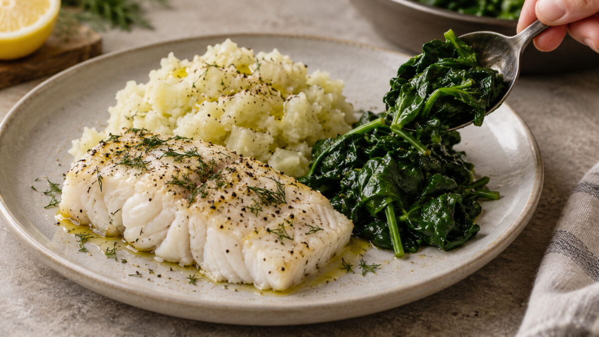 Dill-Kabeljau mit Kohlrabistampf und Blattspinat