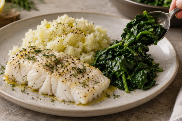 Dill-Kabeljau mit Kohlrabistampf und Blattspinat