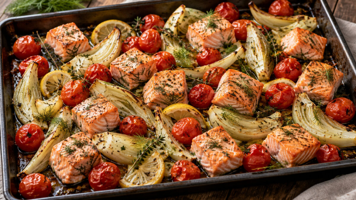 Dill-Lachswürfel vom Blech mit Fenchel und Kirschtomaten