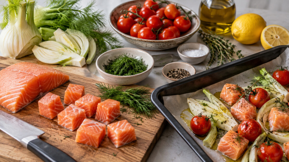 Dill-Lachswürfel vom Blech mit Fenchel und Kirschtomaten