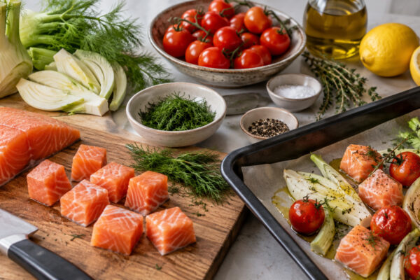 Dill-Lachswürfel vom Blech mit Fenchel und Kirschtomaten