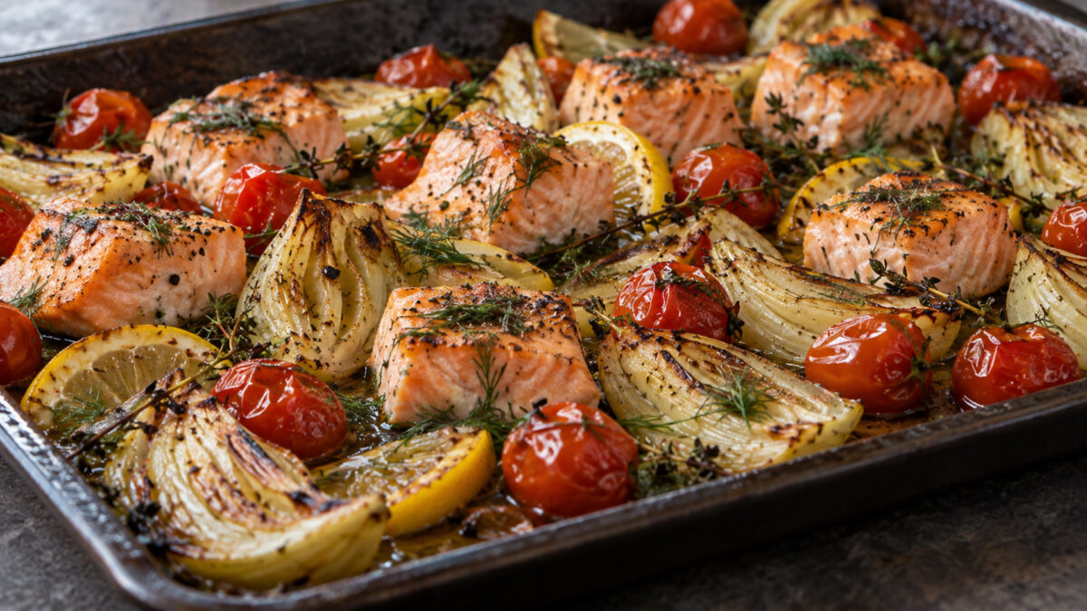 Dill-Lachswürfel vom Blech mit Fenchel und Kirschtomaten