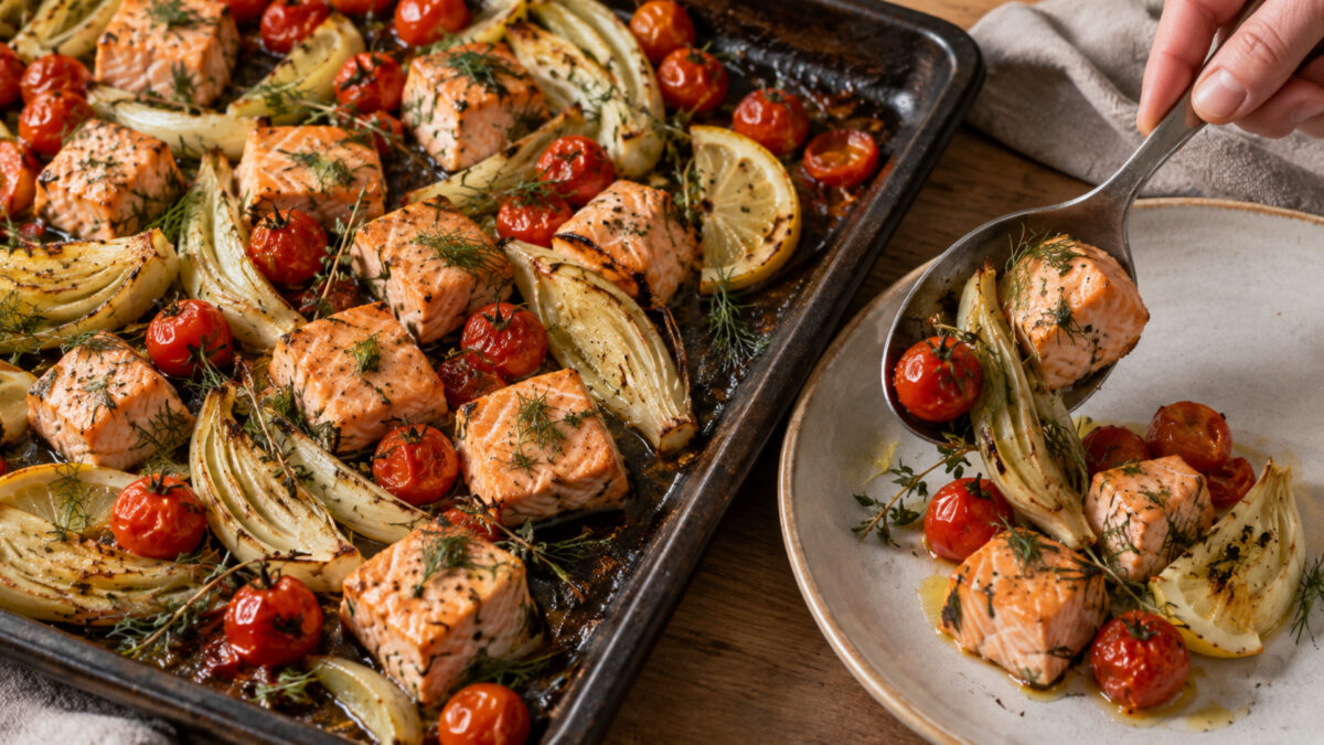 Dill-Lachswürfel vom Blech mit Fenchel und Kirschtomaten