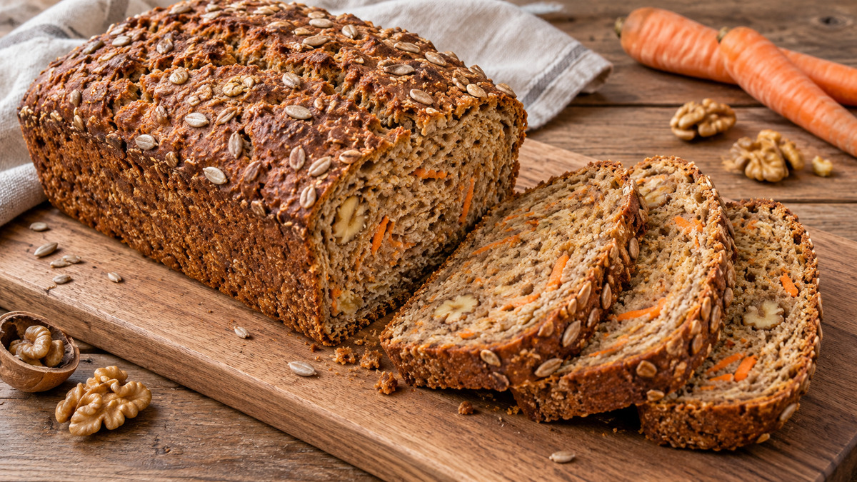 Dinkel-Walnuss-Brot mit Karotte: Fertiges Gericht als zentrales Hauptmotiv.