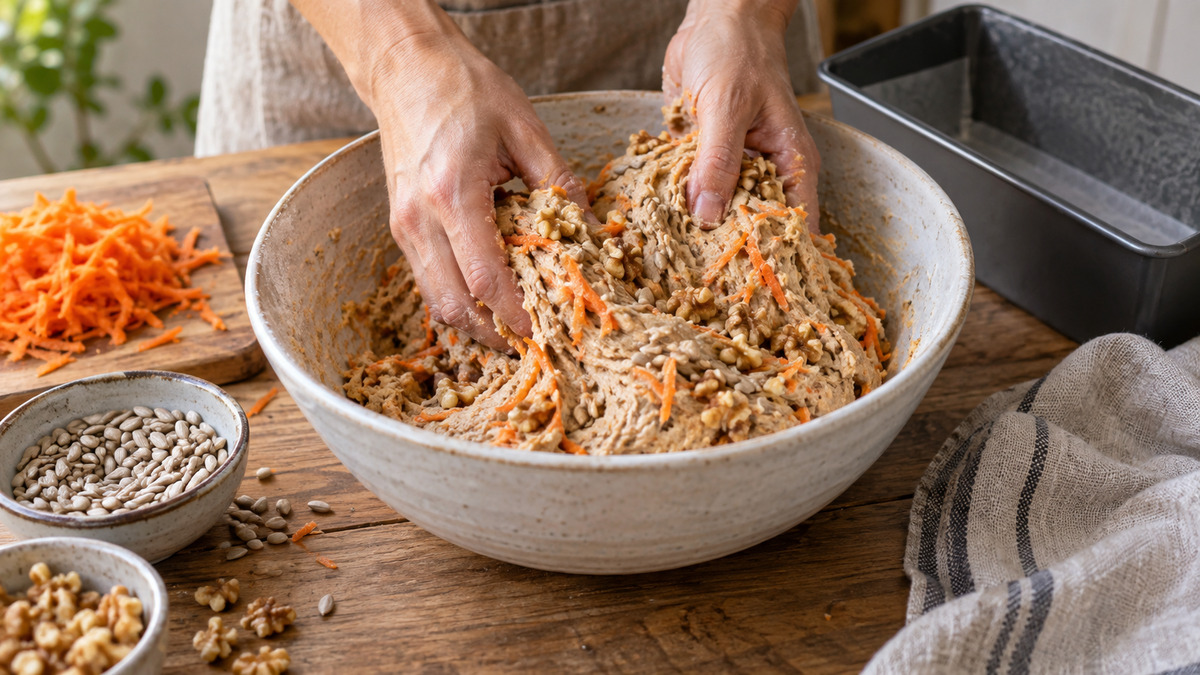 Dinkel-Walnuss-Brot mit Karotte: Verwendete Zutaten und nachvollziehbare Vorbereitung.