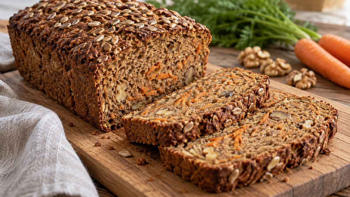 Dinkel-Walnuss-Brot mit Karotte: Fertiges Gericht aus einer alternativen Perspektive.
