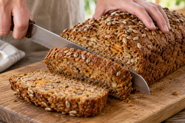 Dinkel-Walnuss-Brot mit Karotte: Alternative Anrichtung oder aktive Servierszene.