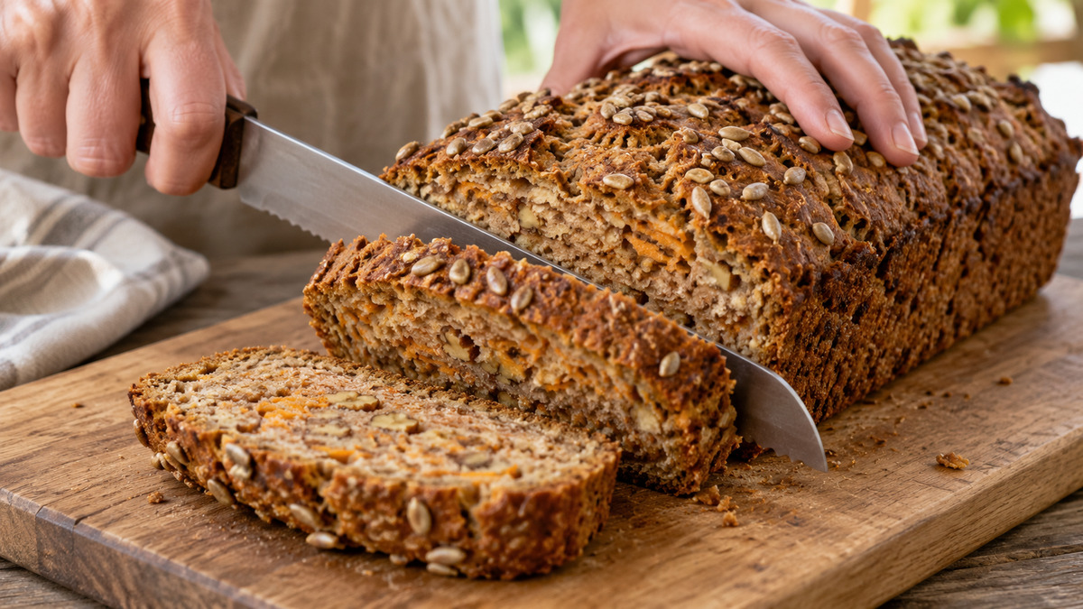Dinkel-Walnuss-Brot mit Karotte: Alternative Anrichtung oder aktive Servierszene.