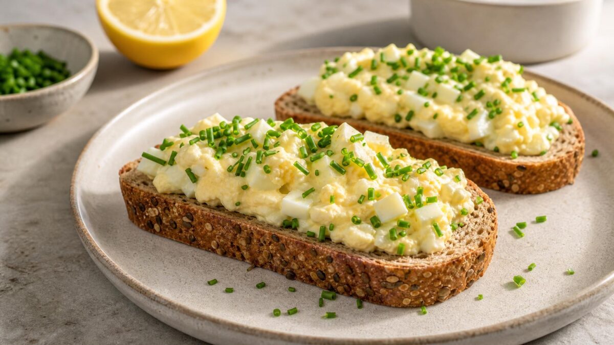 Hauptansicht des fertigen Gerichts. Rezept: Eiersalat mit Schnittlauch auf Vollkornbrot