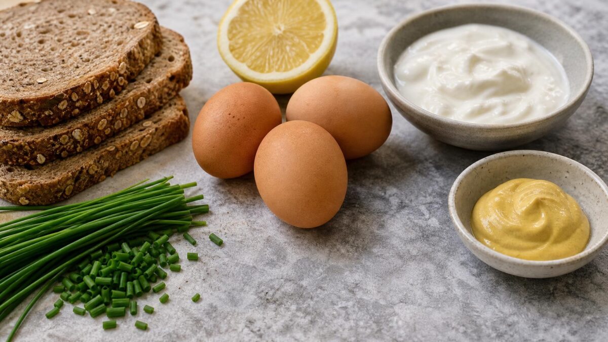 Zutaten- und Vorbereitungsansicht. Rezept: Eiersalat mit Schnittlauch auf Vollkornbrot