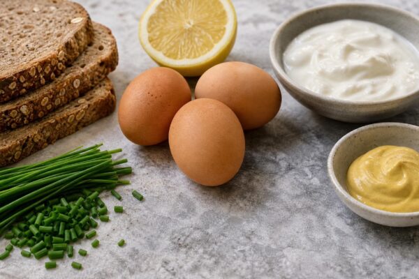 Zutaten- und Vorbereitungsansicht. Rezept: Eiersalat mit Schnittlauch auf Vollkornbrot