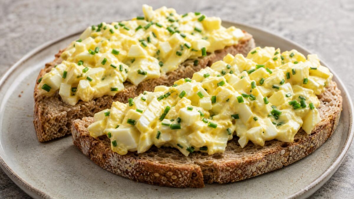 Fertiges Gericht aus einer alternativen Perspektive. Rezept: Eiersalat mit Schnittlauch auf Vollkornbrot